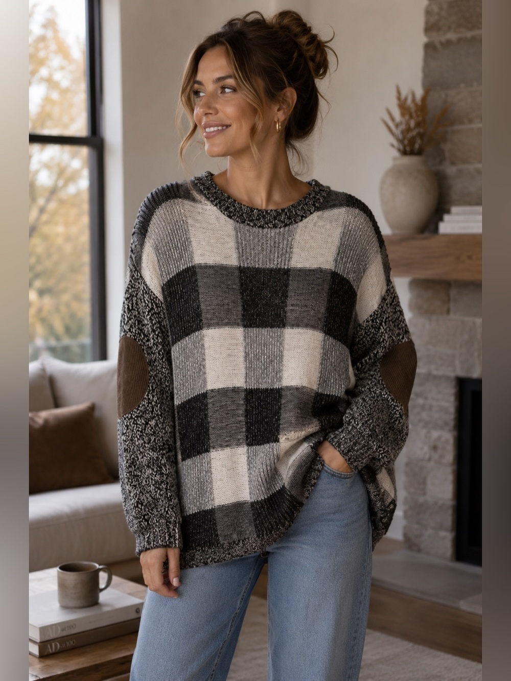 BDG Monochrome Plaid Sweater with Brown Elbow Accents Size S Classic Cozy Fall